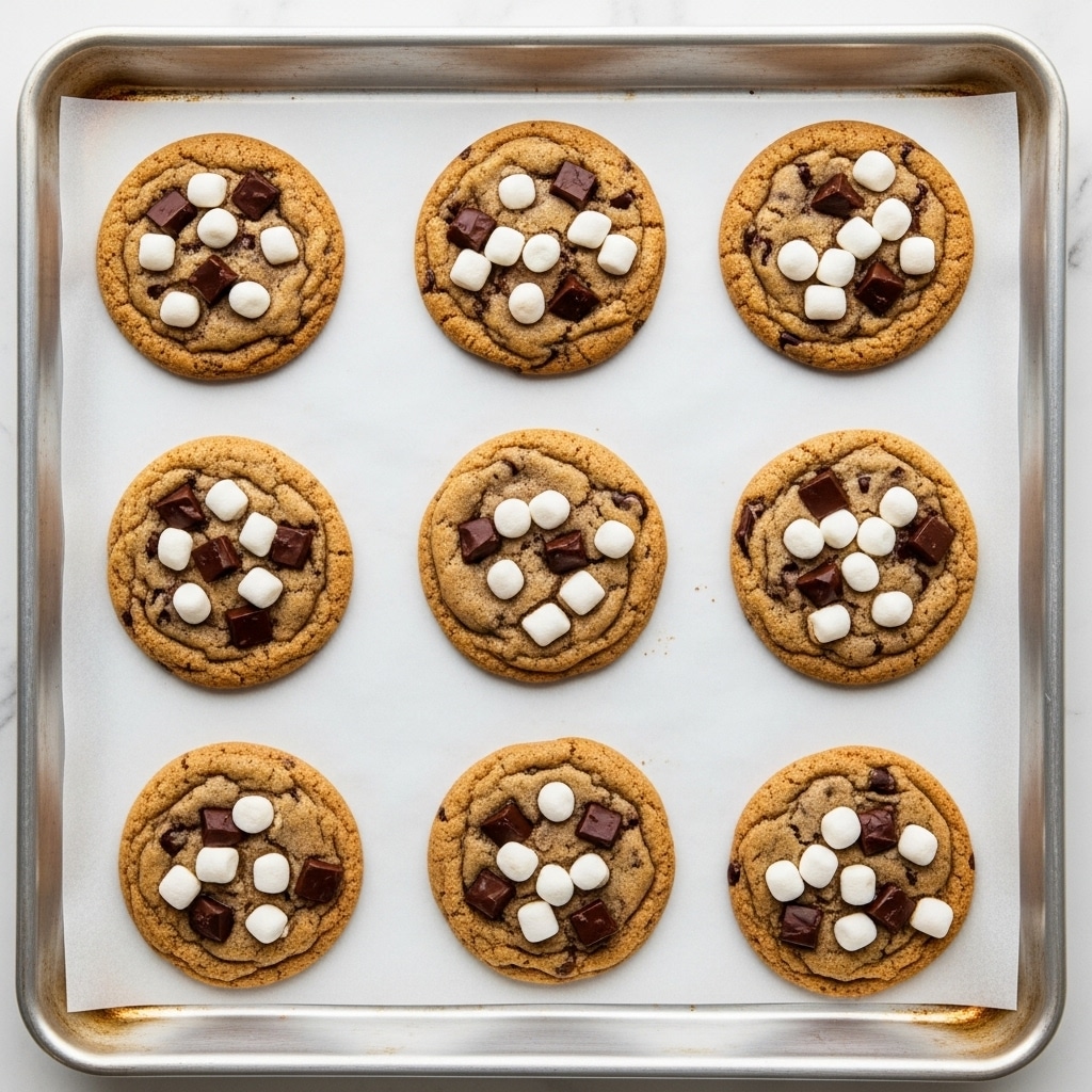 The image shows several freshly baked chocolate cookies on a baking sheet lined with white parchment paper, resting on a white marbled surface. Each cookie has a rich, dark brown base texture with visible cracks on the surface. They are topped with small white candy pieces and bigger chunks of dark chocolate, scattered unevenly. The cookies appear soft and slightly thick, evenly spaced on the sheet. photo taken with an iphone --ar 4:5 --v 7