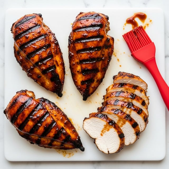 The image shows four pieces of grilled chicken breast on a white cutting board over a white marbled surface. Three of the whole chicken breasts are glossy with a dark, sticky glaze that looks like barbecue sauce, showing slight charring and grill marks. The fourth chicken breast is sliced into thick pieces, displaying a white interior with a slight golden-brown edge and traces of the sauce. Next to the cutting board is a red silicone basting brush with some sauce on the white marbled surface. Photo taken with an iphone --ar 4:5 --v 7