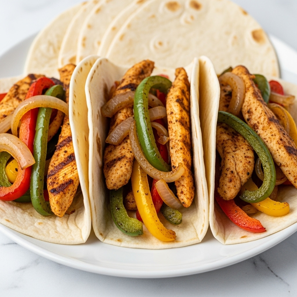 The image shows a close-up of a dish with three main layers: a base layer of sliced red, yellow, and green bell peppers mixed with cooked onions, all sautéed to a soft texture; on top of this is a layer of browned, seasoned chicken strips that are slightly crispy and scattered evenly; the top layer is a stack of soft white tortillas arranged in a slightly overlapping fan shape at the back of the dish. The dish is placed on a surface with a white marbled texture. photo taken with an iphone --ar 4:5 --v 7