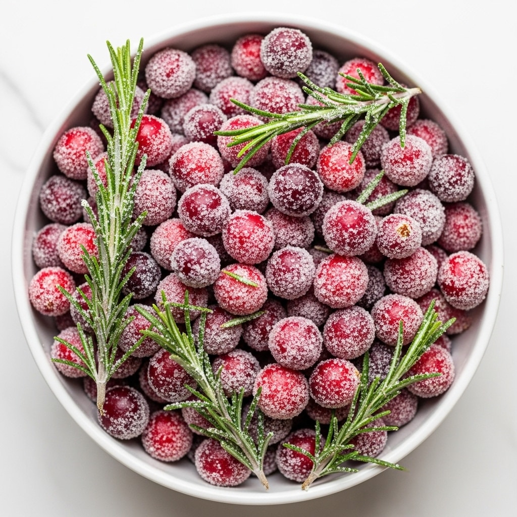 A white bowl filled with bright red cranberries covered in a layer of white granulated sugar, giving them a frosted look. Mixed in are small sprigs of rosemary with dark green needle-like leaves also dusted with sugar. The bowl sits on a white marbled surface, and the sugared cranberries and rosemary create a textured, wintery appearance. photo taken with an iphone --ar 4:5 --v 7