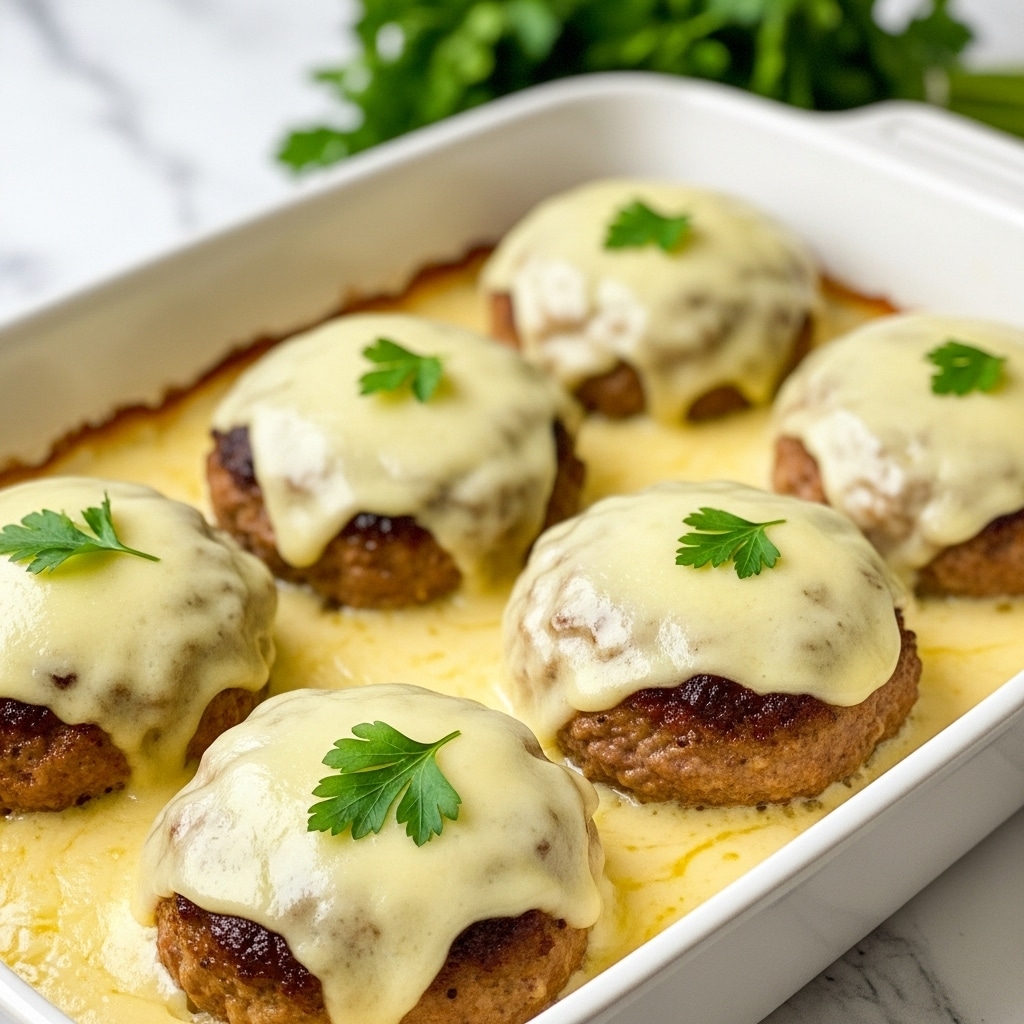 Five browned meat patties sit inside a white rectangular baking dish, each topped with a layer of melted pale yellow cheese sauce that drapes unevenly over the sides. Each patty is garnished with a small fresh green parsley sprig, adding a pop of color against the rich sauce. The cheese sauce pools slightly around the base of the patties, giving a creamy texture that contrasts with the crispy seared meat beneath. The dish rests on a wooden surface with a white marbled texture background visible. Photo taken with an iphone --ar 4:5 --v 7
