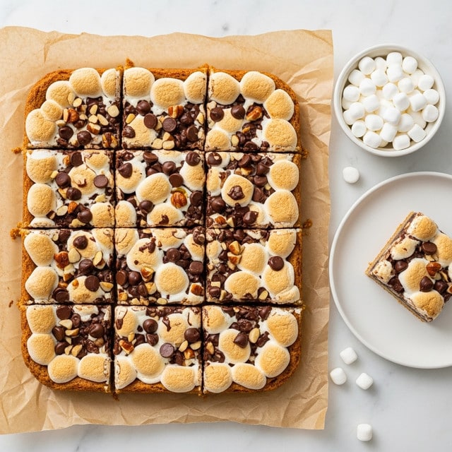 The image shows a square dessert cut into 16 smaller square pieces placed on crumpled brown parchment paper over a white marbled surface. The dessert base is golden brown with a toasted texture, topped with melted white marshmallows that are slightly browned, and scattered with semi-melted chocolate chips and small pieces of nuts, creating a mix of dark brown, white, and light tan colors on the surface. To the right of the main dessert, there is a small white plate with one smaller piece of the dessert, showing its layered texture clearly. A small white bowl filled with mini marshmallows is also visible near the dessert, all styled simply and naturally. Photo taken with an iphone --ar 4:5 --v 7