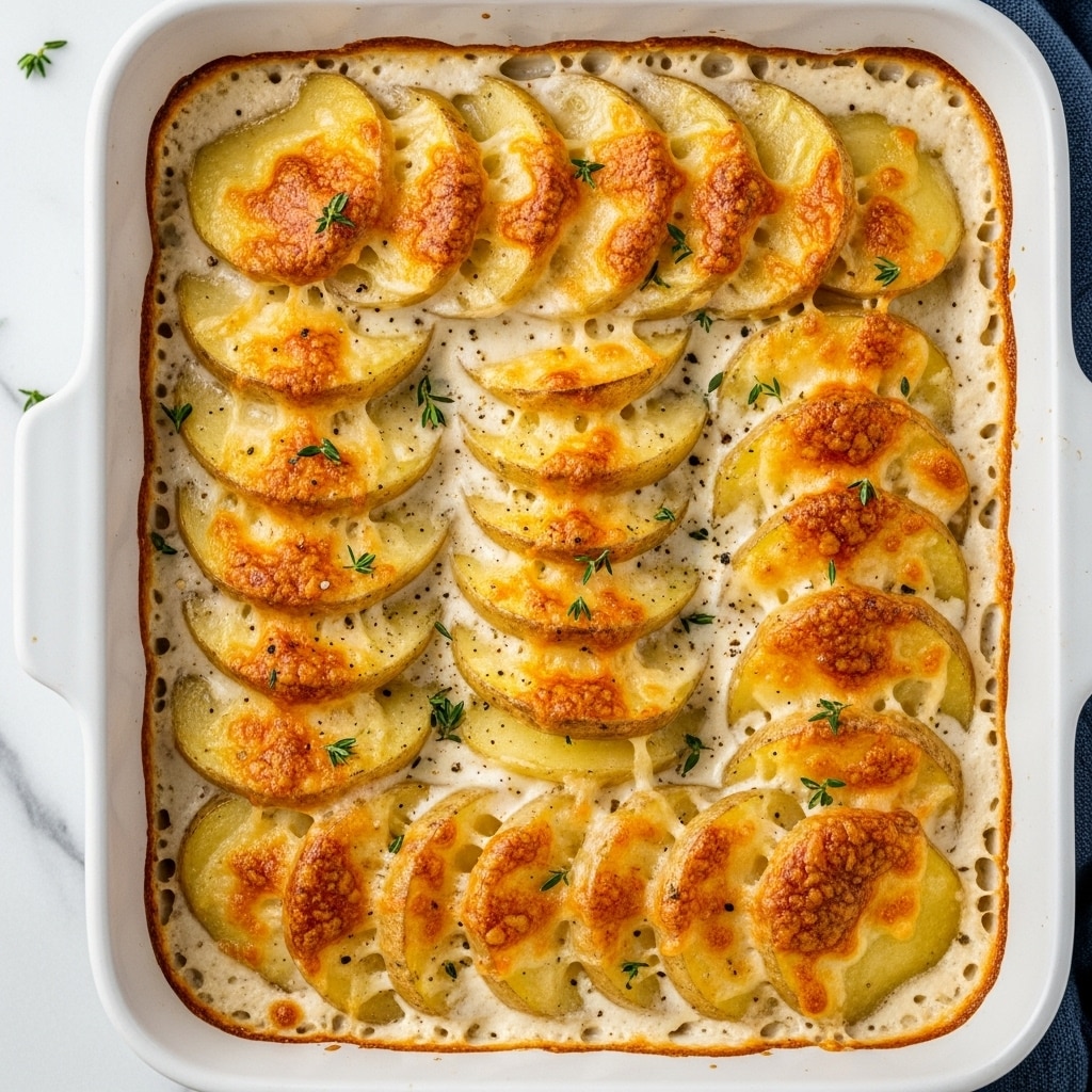 The image shows a white rectangular baking dish filled with golden baked scalloped potatoes arranged in overlapping, consistent layers. The top layer is made of potato slices covered with melted, bubbly cheese that is browned and crispy in spots, showing a rich, textured surface with golden and light brown colors. The creamy sauce surrounding the potatoes is thick and smooth, with a light off-white tone accented by specks of black pepper and small green thyme sprigs scattered evenly on top. The dish rests on a white marbled surface with a bit of a dark blue cloth visible in the background. photo taken with an iphone --ar 4:5 --v 7