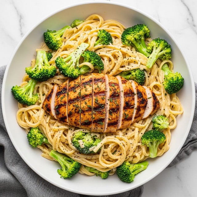 The dish shows a white bowl filled with creamy spaghetti mixed with bright green broccoli pieces scattered around. On top are slices of grilled chicken breast with a dark, crispy, and slightly charred outer layer, placed center and angled outward to show juicy inside. The spaghetti is coated in a smooth, pale cream sauce, giving a rich texture, with broccoli florets blending into the noodles. The bowl sits on a white marbled surface with some black pepper sprinkled near it, and a gray cloth partially visible at the bottom. Photo taken with an iphone --ar 4:5 --v 7