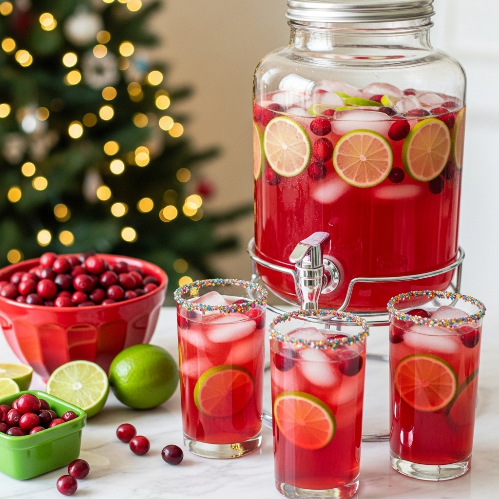 The image shows a large clear glass drink dispenser filled with a bright red liquid, ice cubes, round slices of lime, and floating red cranberries, with the ice and fruit forming a layer near the top. The dispenser stands on a metallic holder. In front, there are three tall clear glasses filled with the same red drink, ice, lime slices, and cranberries, each with colorful sprinkles on the rims. To the left, there is a bright red bowl filled with fresh cranberries, a green lime, and a small green container holding more berries and lime slices. All items sit on a surface with a white marbled texture, and a decorated Christmas tree with yellow lights blurred in the background. Photo taken with an iphone --ar 4:5 --v 7