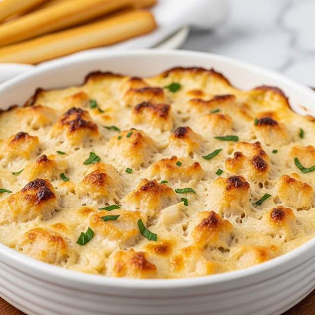 The dish is a thick, creamy white dip baked in a round white ceramic dish with a slightly ridged side. The top layer has golden-brown spots indicating it was baked, with chunks of light beige seafood or chicken mixed in, all garnished with small green herb pieces scattered on top. The edges of the dip are slightly browned and caramelized. In the blurred background, there is a white napkin holding golden-brown breadsticks. The dish rests on a wooden surface, but the background is changed to white marbled texture. photo taken with an iphone --ar 4:5 --v 7