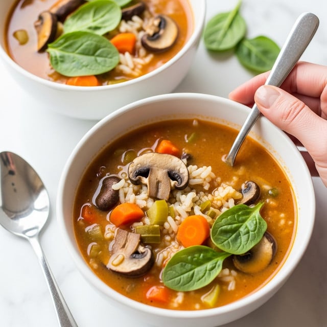 A close-up view of two white bowls filled with thick, orange-brown soup that has a mix of ingredients visible. The soup contains dark brown sliced mushrooms, cooked white rice, small bright orange carrot cubes, diced light green vegetables, and fresh dark green spinach leaves scattered on top. One bowl is being held by a woman's hand at the edge of the bowl. A silver spoon is resting in the soup of the held bowl, and a second spoon is partially visible on the white marbled surface nearby. The background is softly lit, enhancing the warm and hearty look of the soup. Photo taken with an iphone --ar 4:5 --v 7