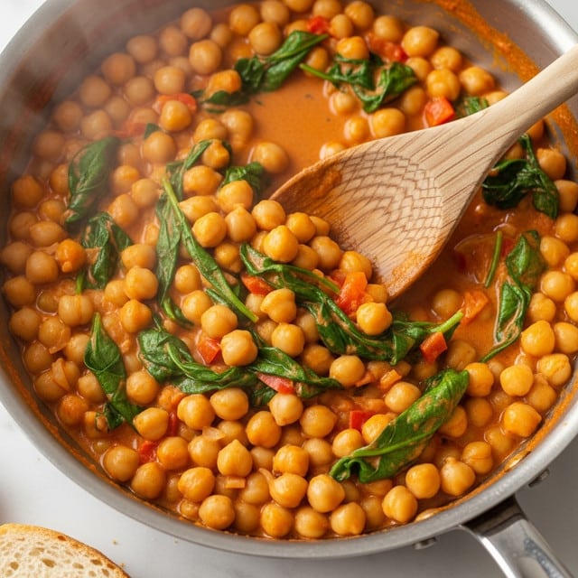 The image shows a close-up of a white pan filled with a creamy chickpea stew. The stew has three main layers visible: the base is a thick, light orange sauce, the middle layer contains whole round yellow chickpeas, and the top layer has chopped green spinach leaves mixed with small pieces of red pepper. Near the edge of the pan, a slice of white bread with an airy texture is partially dipped into the stew. The background is a white marbled texture. photo taken with an iphone --ar 4:5 --v 7