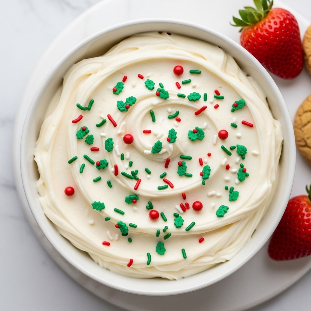 A bowl filled with a thick, creamy white frosting decorated with small green holly leaf sprinkles, red and green tiny rod-shaped sprinkles, and a few round red sprinkles scattered on top, showing a smooth yet slightly textured surface with gentle swirls. The bowl is white and placed on a white marbled textured surface, with part of a strawberry and a piece of cookie partially visible beside it. Photo taken with an iphone --ar 4:5 --v 7