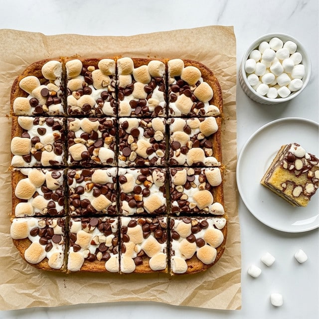 A square dessert bar cut into nine pieces is shown on crumpled brown paper placed on a white marbled surface. The bar has two main layers: a golden-brown base layer and a top layer covered unevenly with melted, dark chocolate chunks, toasted coconut flakes, and small nuts. The texture on top looks rough with a mix of smooth melted chocolate and crunchy coconut pieces. To the right side, two small white bowls containing extra toasted coconut flakes and a piece of the dessert are visible. Photo taken with an iphone --ar 4:5 --v 7