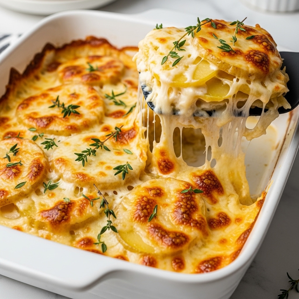 A white baking dish filled with a layered potato gratin, showing about five visible layers of thin, golden-yellow potato slices, each coated in creamy melted cheese with a bubbly, browned crust on top. The top layer is golden and slightly crispy with browned spots and is garnished with fresh green thyme sprigs. A black spatula lifts a portion, stretching gooey, melted cheese strings from the dish, revealing the creamy sauce between the layers. The dish sits on a white marbled surface with a blurred background. photo taken with an iphone --ar 4:5 --v 7