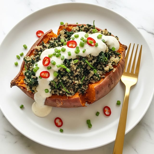 A baked sweet potato split open on a white plate, showing its soft orange inside as the first layer. The second layer is a mix of cooked quinoa and chopped dark green leafy herbs piled thickly on top of the sweet potato. The third layer is a smooth, creamy white sauce drizzled generously over the quinoa mix. Finally, the dish is sprinkled with small green chives and some tiny red chili flakes scattered around for color. Next to the plate is a gold fork resting on the white marbled surface. Photo taken with an iphone --ar 4:5 --v 7