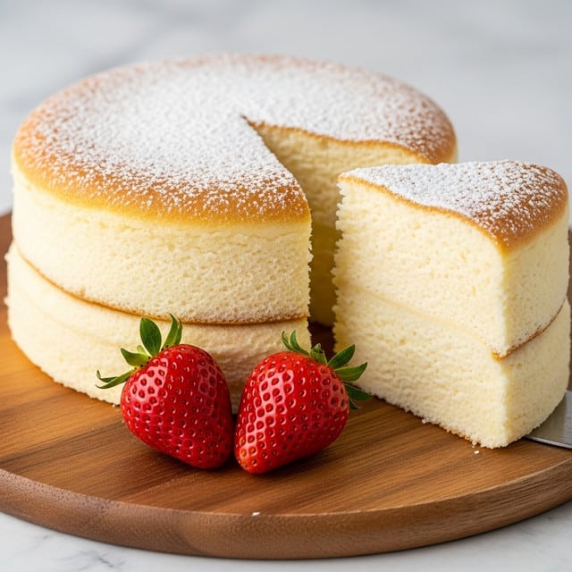 A soft and fluffy three-layered cake is shown, with a light golden-brown top dusted evenly with white powdered sugar. The inside is pale cream and airy with a smooth texture. Two fresh bright red strawberries with small seeds and green leaves sit in front of the cake. The cake rests on a round wooden board, which contrasts with the white marbled texture surface underneath. A single slice is cut and slightly pulled out, showing the clean, soft layers inside. Photo taken with an iphone --ar 4:5 --v 7