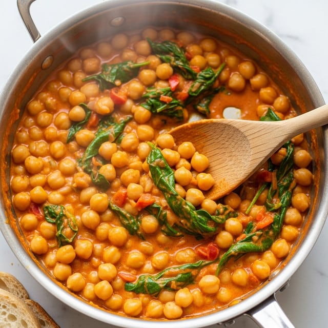 This image shows a close-up of chickpeas cooked in a creamy orange-colored sauce with visible green spinach leaves and small red pepper pieces mixed throughout. The texture is thick and rich, with the chickpeas evenly covered by the sauce. A wooden spoon with natural wood grain is resting on the right side, stirring the dish inside a silver pan. The pan sits on a white marbled surface, and part of a slice of bread is seen at the bottom left corner. Steam rises lightly from the hot chickpea mixture, indicating it is freshly cooked. Photo taken with an iphone --ar 4:5 --v 7