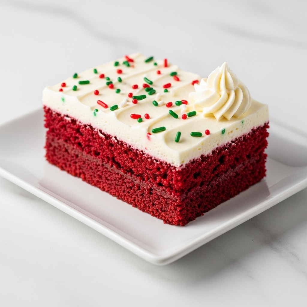 The image shows a single rectangular slice of red velvet cake on a white square plate, placed against a white marbled surface. The cake has two distinct layers: the bottom layer is a deep red, moist and crumbly cake, while the top layer is thick, creamy white frosting spread evenly over it. The frosting is decorated with small red and green round sprinkles scattered across the surface, and a swirl of white whipped cream is placed on one corner of the slice. Photo taken with an iphone --ar 4:5 --v 7