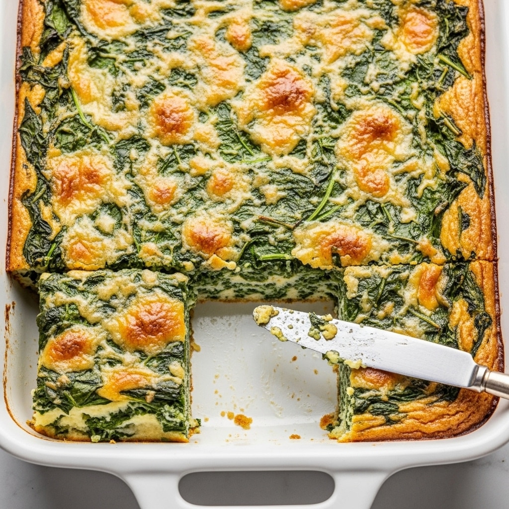 A baked dish in a white rectangular pan shows a thick layer of green spinach mixed with a creamy, pale yellow base that looks soft and moist inside, topped with golden brown, slightly crispy spots unevenly spread over the surface. There is a square piece cut out revealing the inside texture which is dense with visible green leafy bits and a smooth, cheesy consistency. A butter knife with some residue rests on the pan near the cut section. The pan sits on a white marbled surface. photo taken with an iphone --ar 4:5 --v 7