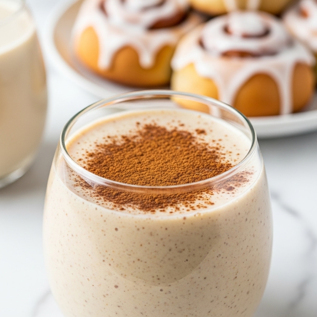 The image shows a close-up of a creamy light beige smoothie served in a clear glass, topped with a fine layer of brown cinnamon powder evenly spread over the surface. The smoothie has a smooth and thick texture with tiny specks visible within it. In the background, there is a blurred white plate holding glazed cinnamon rolls with white icing, placed on a white marbled surface. The focus is on the glass, capturing its round shape and the smoothness of the drink inside photo taken with an iphone --ar 4:5 --v 7