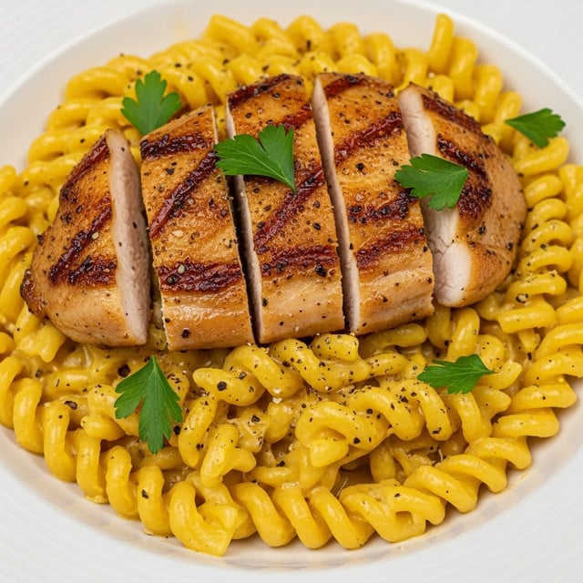 A close-up view of a creamy pasta dish in a white bowl on a white marbled surface, with wide flat noodles coated in a rich, shiny orange sauce forming the base layer. On top, multiple pieces of golden-brown grilled chicken with a slightly charred texture are scattered evenly. The whole dish is sprinkled with finely chopped green herbs and a light dusting of grated white cheese, adding texture and color contrast. In the background, a sliced lime is partially visible, slightly out of focus, giving a fresh touch to the scene. photo taken with an iphone --ar 4:5 --v 7