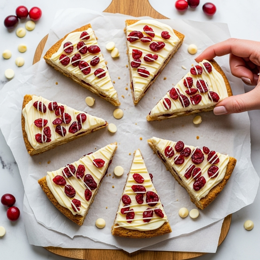 The image shows several triangular cranberry bliss bars arranged in a circular pattern on white parchment paper over a wooden board with a white marbled texture. Each bar has three visible layers: a bottom light brown cookie base with white chocolate chips and cranberries inside, a thick creamy white frosting layer on top, and scattered red dried cranberry pieces decorating the frosting. Some bars have thin white drizzles of icing across the cranberries for extra detail. White chocolate chips and fresh red cranberries are casually placed around the bars, and a woman's hand is picking up one piece from the right side. The overall scene is bright and inviting. photo taken with an iphone --ar 4:5 --v 7