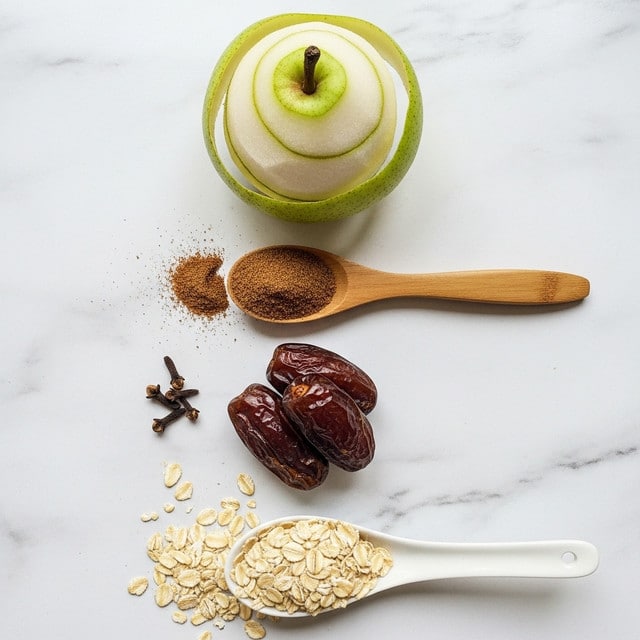 The image shows four main ingredients arranged vertically on a white marbled textured surface. At the top, there is a peeled spiral of green and white pear with smooth, shiny skin and soft, juicy white flesh. Below it, there is a wooden spoon filled with brown ground spice, some of which is spilled to the side. Underneath, there are three dark brown, shriveled dates with a glossy, wrinkled texture. At the bottom, a white spoon rests filled with beige oat flakes, some scattered around it. photo taken with an iphone --ar 4:5 --v 7