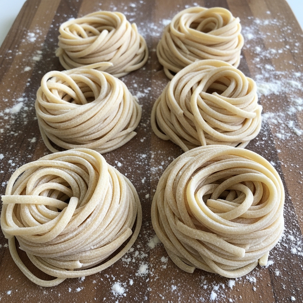 Four nests of fresh, uncooked pasta are arranged on a wooden surface dusted lightly with flour. Each nest consists of long, flat noodles coiled into a spiral shape with thick, creamy beige strands. The pasta looks soft and slightly textured with flour sprinkled on its surface, and the wooden background has natural grain patterns and flour scattered around. photo taken with an iphone --ar 4:5 --v 7