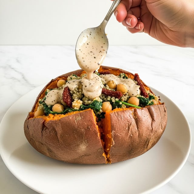 A baked sweet potato with its brown skin cracked open to reveal bright orange flesh inside sits on a white plate over a white marbled surface. The inside is filled with a layer of light beige chickpeas mixed with green spinach and light beige quinoa grains, along with dark sun-dried tomatoes. A woman's hand holds a spoon above the potato, pouring a creamy, light tan sauce with black pepper specks over the filling, creating a smooth flowing texture. The overall look is warm and fresh with earthy tones and creamy textures. photo taken with an iphone --ar 4:5 --v 7