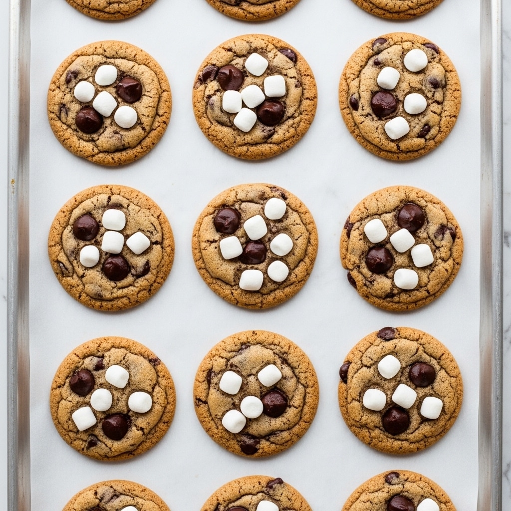 The image shows twelve round chocolate chip cookies on a metal baking tray lined with white parchment paper. Each cookie is golden brown with a slightly cracked texture, topped with small white marshmallows and dark chocolate chunks scattered across the surface. The cookies are evenly spaced in three rows with four cookies each, all similar in size and shape. The background surface is a white marbled texture that contrasts softly with the warm tones of the cookies. photo taken with an iphone --ar 4:5 --v 7