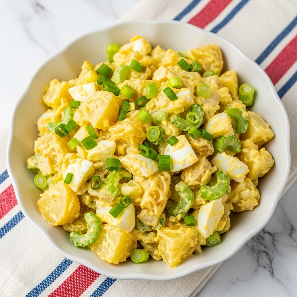 A bowl of potato salad in a white shallow dish with scalloped edges, featuring chunky pieces of yellow potato coated in a thick, creamy yellow dressing. Mixed in are creamy white chunks of hard-boiled eggs and green slices of celery, all evenly coated and topped with small, bright green chopped scallions scattered on top. The bowl rests on a cloth with red, white, and blue stripes, set against a white marbled textured background. photo taken with an iphone --ar 4:5 --v 7