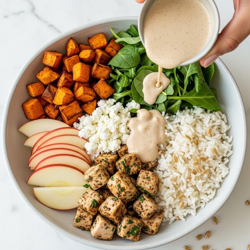 A white bowl filled with four main layers arranged in sections: at the bottom, there is a base of mixed wild and white rice with a slightly glossy texture, on one side diced cooked sweet potatoes in bright orange, topped with small dollops of white cottage cheese; next to it, fresh, curly, dark green kale leaves piled high; beside the kale, several thin slices of red apple with pale white flesh; finally, chunks of herb-seasoned cooked chicken pieces in light beige with green seasoning scattered on top. A silver spoon rests inside the bowl, partially buried in the rice and vegetables. The bowl sits on a white marbled surface. photo taken with an iphone --ar 4:5 --v 7