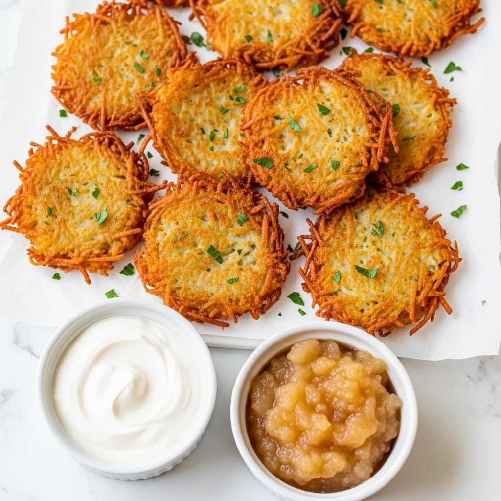 The image shows a group of crispy golden brown potato latkes with visible thin grated potato strands, laid out on white parchment paper over a white marbled surface. The latkes have an irregular round shape and are sprinkled with small green parsley leaves for a fresh touch. In the foreground, two white ceramic ramekins hold smooth sour cream and chunky applesauce, each filling the dish nearly to the top. The overall scene is bright with warm tones from the latkes contrasting the cool white of the sauces and background, creating an inviting and fresh presentation. Photo taken with an iphone --ar 4:5 --v 7
