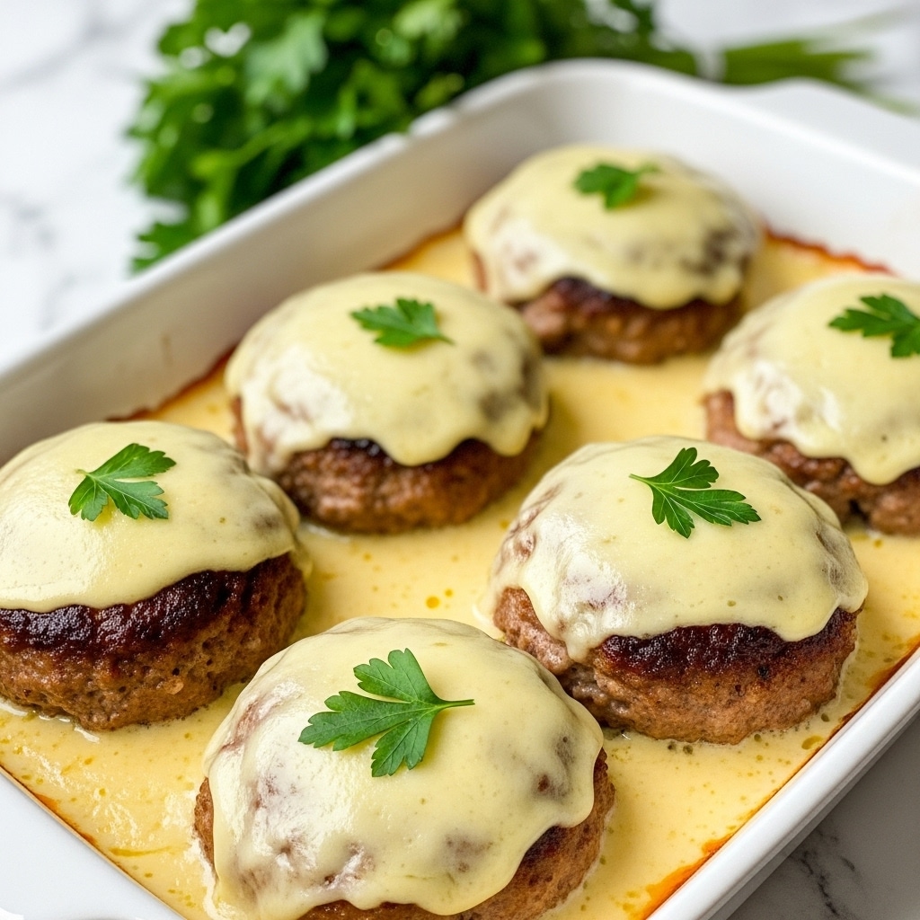 A white baking dish holds five large browned meat patties covered in a smooth, creamy pale yellow cheese sauce. Each patty has a glossy, slightly melted layer of cheese on top, with a small bright green parsley leaf garnish. The meat looks juicy with a browned crisp exterior, while the cheese sauce pools slightly around the patties inside the dish, creating a rich and thick texture. The background shows a white marbled surface and a bunch of fresh parsley in soft focus. photo taken with an iphone --ar 4:5 --v 7