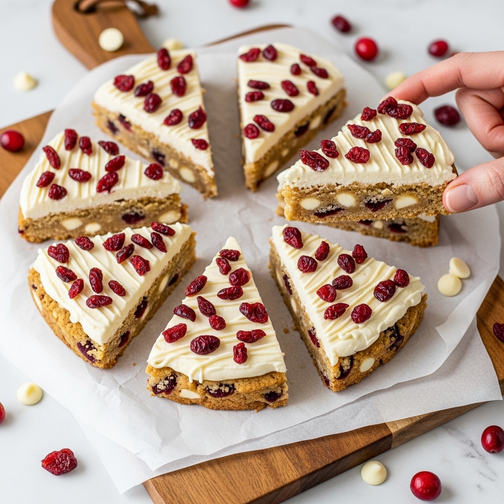 The image shows several triangular cranberry bliss bars arranged in a circle on white parchment paper over a white marbled surface. Each bar has two visible layers: a thick, light brown base studded with white chocolate chips and dried cranberries, and a creamy white frosting layer on top that is smooth with a slight swirl texture. The frosting is decorated with small pieces of bright red dried cranberries and decorated with thin, white icing drizzles in a random pattern across the top. The bars are placed close together, and a few white chocolate chips and fresh bright red cranberries are scattered around the edges. Photo taken with an iphone --ar 4:5 --v 7