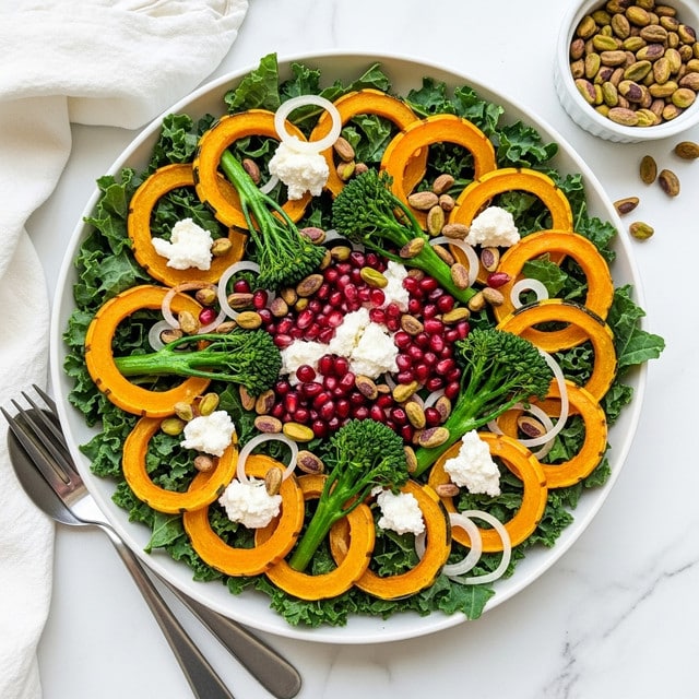 A white bowl filled with a colorful salad sits on a white marbled surface. The bottom layer is dark green kale leaves, topped with roasted orange delicata squash rings evenly spread around. Bright red pomegranate seeds and light green pistachios are scattered on top, along with clusters of white crumbled cheese. Small green roasted broccolini pieces and thin white onion slices are mixed throughout. Nearby, a small white bowl holds extra pistachios, and two silver forks lie next to the main bowl. A white cloth is softly folded in the top left corner. photo taken with an iphone --ar 4:5 --v 7