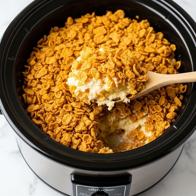 A close-up of a slow cooker filled with a baked dish that has a golden-brown, crispy topping made of crushed cornflakes. The dish inside shows two distinct layers: the top layer is crunchy and textured with an orange-brown hue from the baked cornflakes, while the layer underneath is creamy and light yellow, peeking through where some of the topping has been scooped out. A wooden spoon lifts a portion of this dish, revealing the soft creamy inside contrasted by the crunchy outside. The slow cooker is black and placed on a white marbled surface. photo taken with an iphone --ar 4:5 --v 7