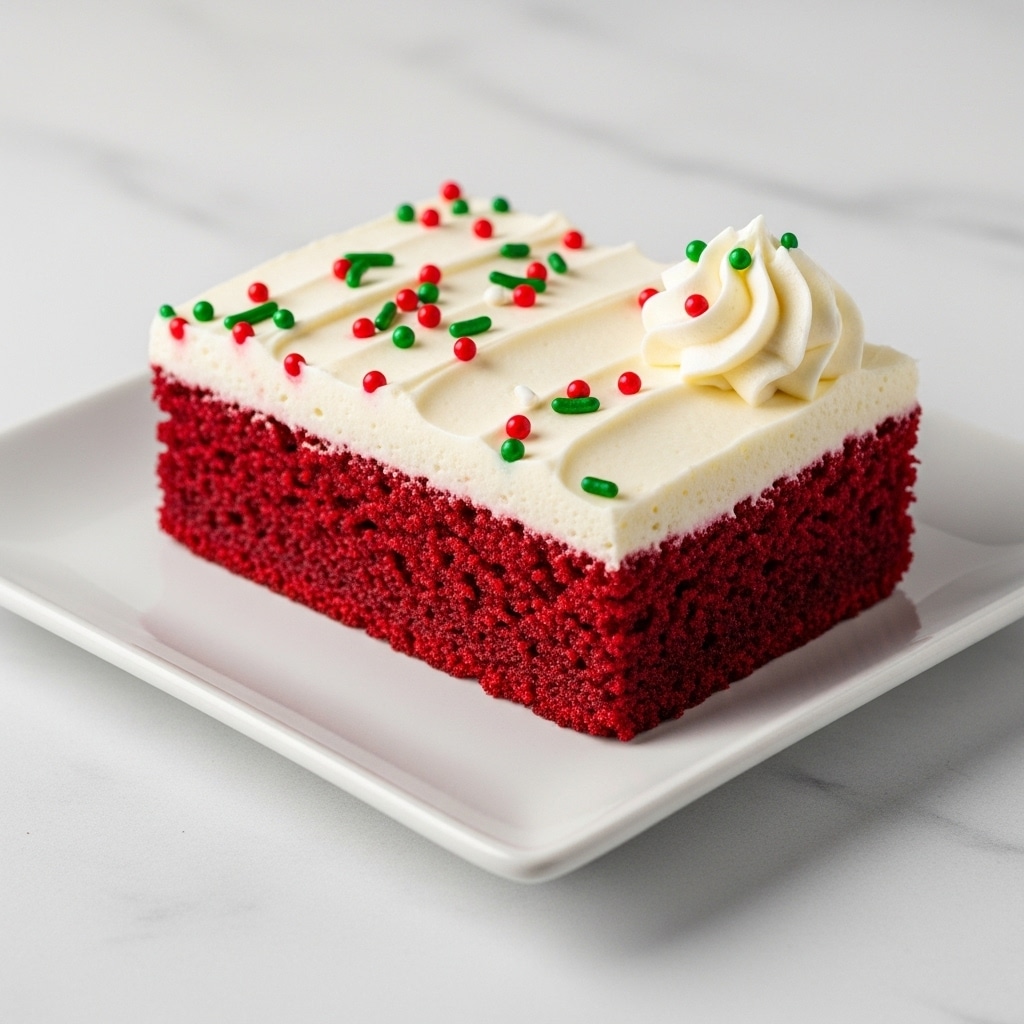 A square piece of red velvet cake is shown on a white rectangular plate on a white marbled surface. The cake has three layers: the bottom layer is dark red, moist cake; the middle layer is a mix of creamy white icing and bits of cake; the top layer is thick white frosting covered with small red, white, and green round sprinkles. On one corner of the cake, a big swirl of white whipped cream sits neatly. In the background, red Christmas ornaments add a festive touch. photo taken with an iphone --ar 4:5 --v 7