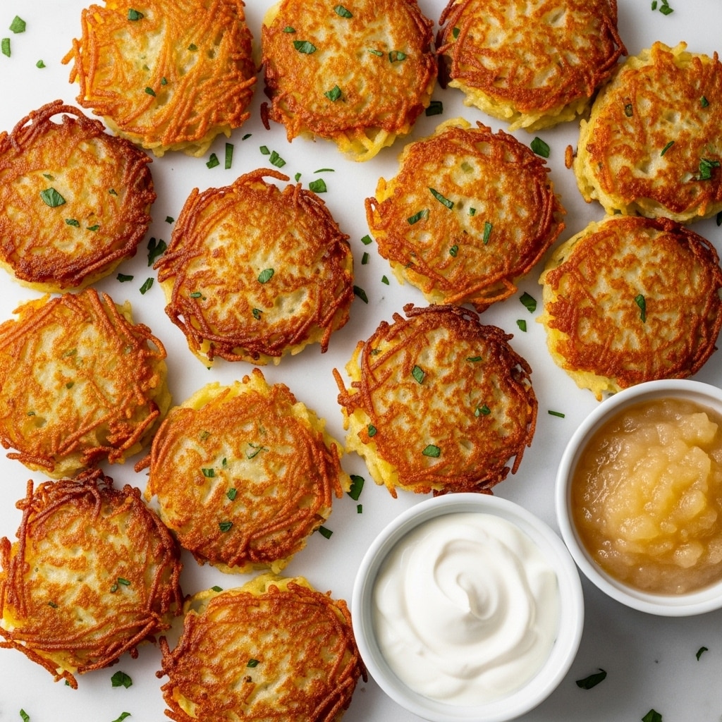 The image shows a group of golden brown, crispy potato pancakes arranged closely on a white marbled surface with small green herb pieces scattered around them. Each pancake is roughly round with visible thin, fried shreds of potato giving a textured look. Two small white bowls sit near the bottom right corner, one filled with smooth, white sour cream and the other with a light, chunky applesauce. The overall scene is bright and fresh, highlighting the warm, crunchy texture of the pancakes and the creamy and smooth dips. Photo taken with an iphone --ar 4:5 --v 7