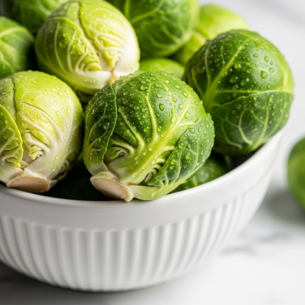 A close-up view of a bowl filled with fresh Brussels sprouts, showing several whole sprouts with tightly packed green leaves covered in small water droplets. The Brussels sprouts display different shades of green from light to dark, with the textured leaf veins clearly visible. The bowl is white and ribbed on the outside, sitting on a white marbled surface, with the focus on the front sprouts and the background softly blurred. photo taken with an iphone --ar 4:5 --v 7