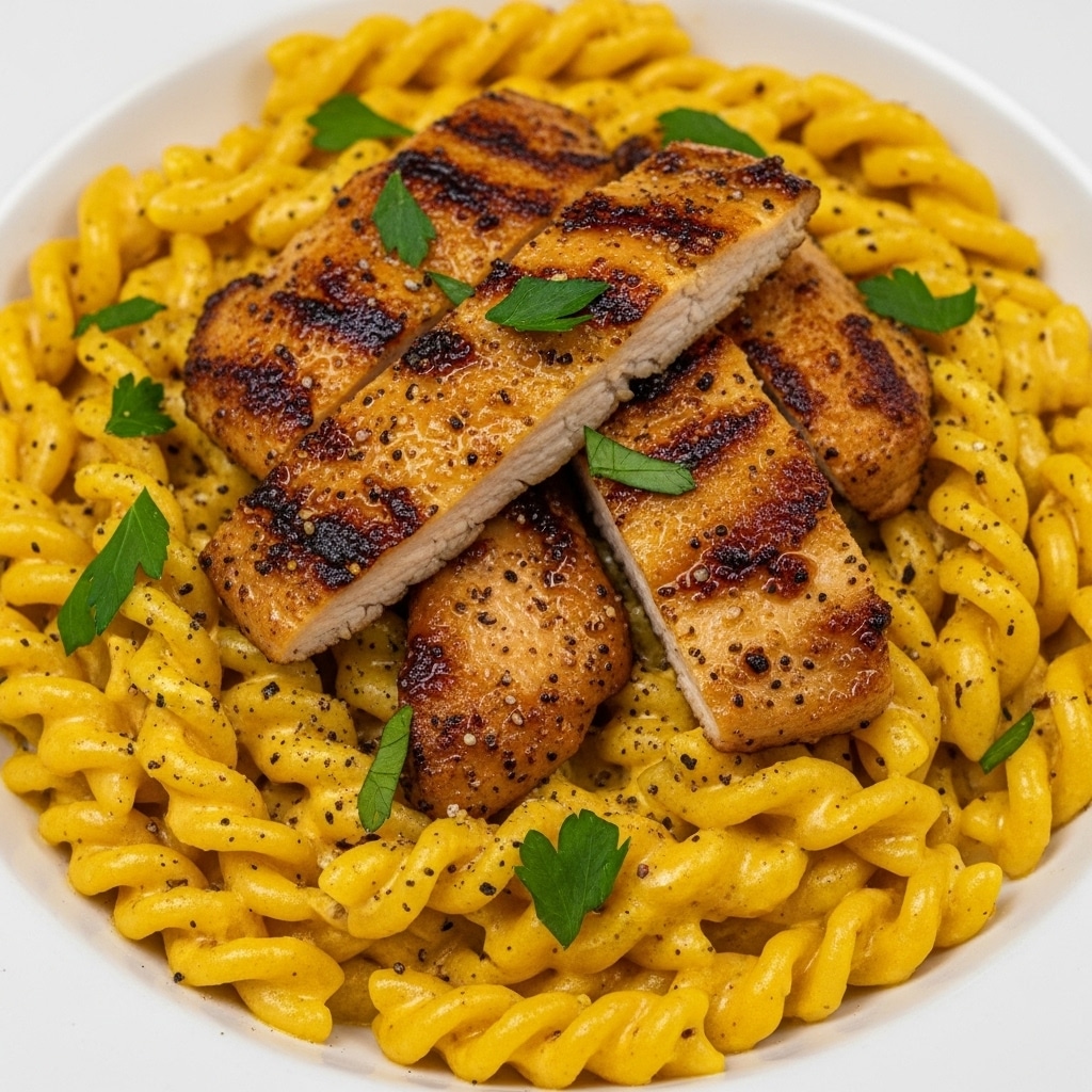 A close-up view of creamy pasta served in a white bowl, with a swirl of thick, golden-yellow sauce coating each twist of the noodles. On top, several browned, grilled chicken pieces create a textured contrast with their slightly charred edges, adding deep golden and caramel tones. Small green parsley leaves are sprinkled over the chicken and pasta, adding bright green highlights. Tiny black pepper specks are scattered across the dish, giving extra detail and color contrast. The entire dish looks rich with a smooth and glossy surface. Photo taken with an iphone --ar 4:5 --v 7
