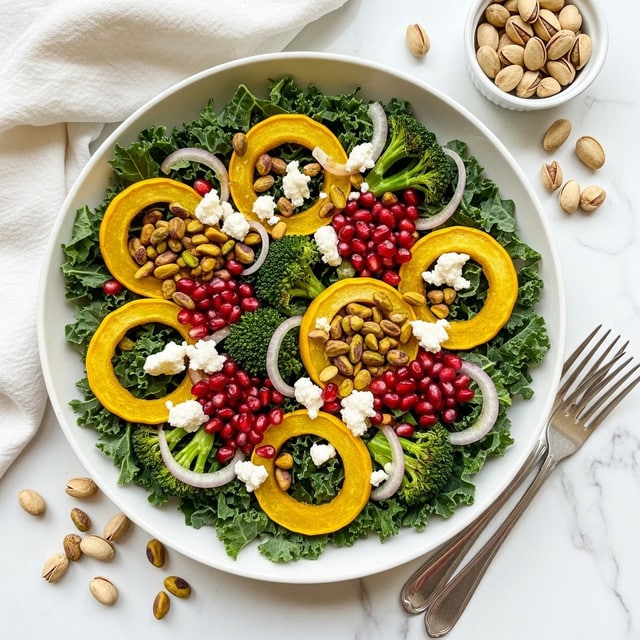 A white bowl filled with a colorful salad shows a base layer of dark green kale leaves. On top there are bright yellow roasted squash rings, scattered clusters of red pomegranate seeds, and small piles of light yellow pistachios. White crumbled cheese is sprinkled unevenly throughout, along with some thin slices of onion and small pieces of roasted broccoli. Around the bowl, there are a few loose pistachios on a white marbled surface, with a small white bowl of more pistachios near the top right, and two silver forks resting on the bottom right. A soft white cloth lies folded near the top left of the frame. Photo taken with an iphone --ar 4:5 --v 7