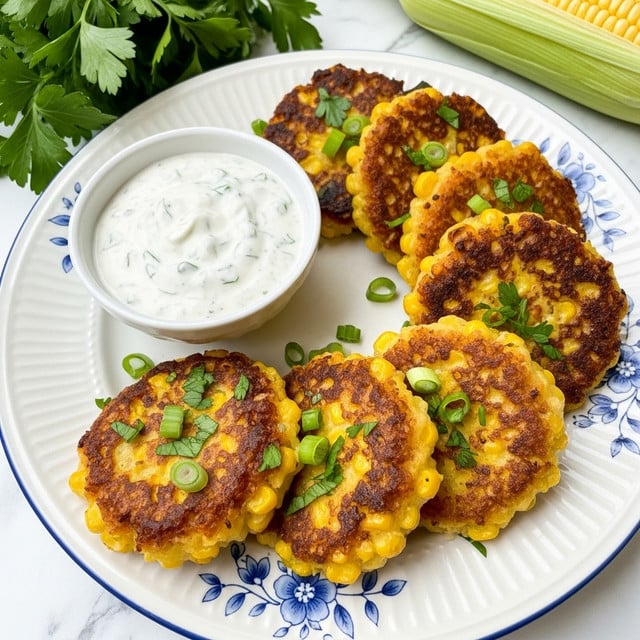 A white plate with blue floral detail holds seven golden-brown corn fritters stacked closely together, each fritter showing a crispy texture with visible corn kernels and slight charring. The fritters are garnished with small chopped green onions and fresh green parsley scattered over them. On the side of the plate sits a small white bowl filled with creamy white ranch dressing that has a smooth, cool texture and a few herbs visible inside. The background shows a white marbled texture surface with a green parsley bunch and a partially husked ear of corn. photo taken with an iphone --ar 4:5 --v 7