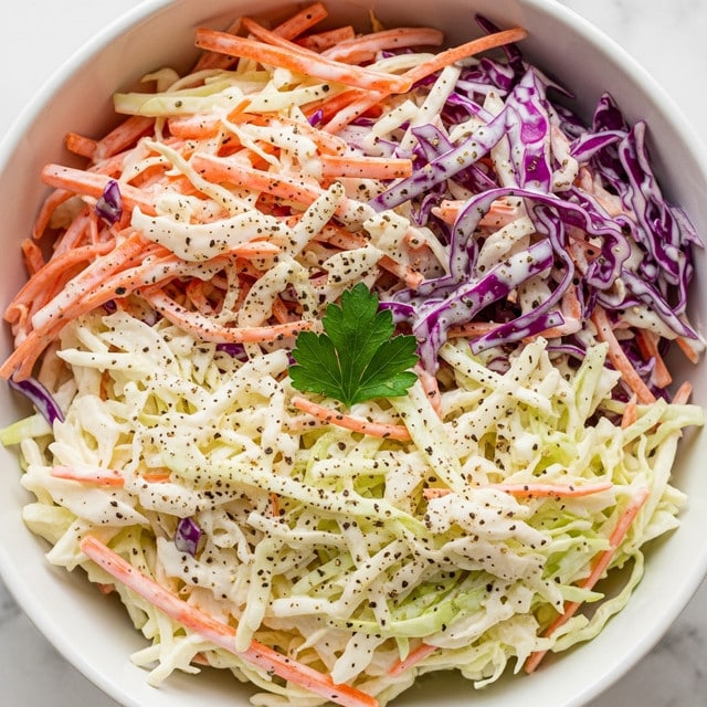 A close-up of a white bowl filled with creamy coleslaw, showing three main layers: thin white and light green cabbage shreds as the base, bright orange carrot strips scattered throughout, and small pieces of purple cabbage adding contrast. The mix is coated with a smooth, white dressing that looks thick and creamy, dotted with black pepper flakes on top. A small green parsley leaf is placed in the center as garnish, and the bowl sits on a white marbled surface. photo taken with an iphone --ar 4:5 --v 7