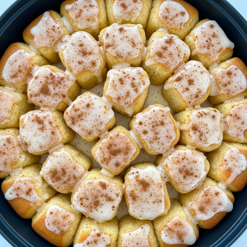The image shows a round black slow cooker filled with a thick layer of baked cinnamon roll pieces covered in white icing. The cinnamon rolls are golden brown with darker brown cinnamon swirls and soft, slightly puffed texture. The white icing is drizzled unevenly over the top, melting into some crevices and pooling slightly around the edges. The slow cooker sits on a white marbled surface. photo taken with an iphone --ar 4:5 --v 7