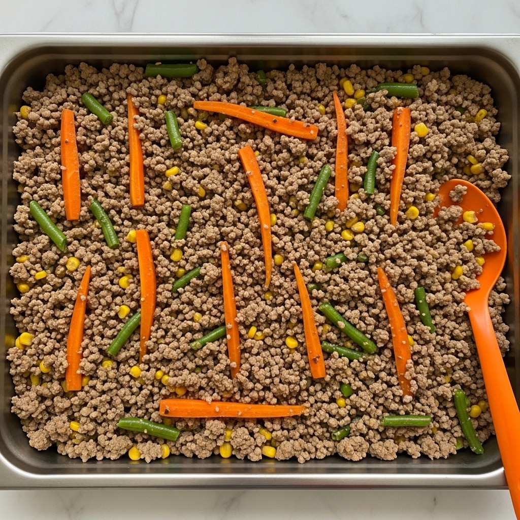 The image shows a large metal tray filled with a mixed dish of finely ground brown meat, scattered with thin orange carrot sticks, small bright green pieces of vegetables, and tiny bits of yellow corn. The texture looks crumbly and moist, with a mix of soft and crunchy elements evenly spread throughout. There is an orange spoon on the right side of the tray, slightly submerged in the food, and the background surface is white marble. photo taken with an iphone --ar 4:5 --v 7