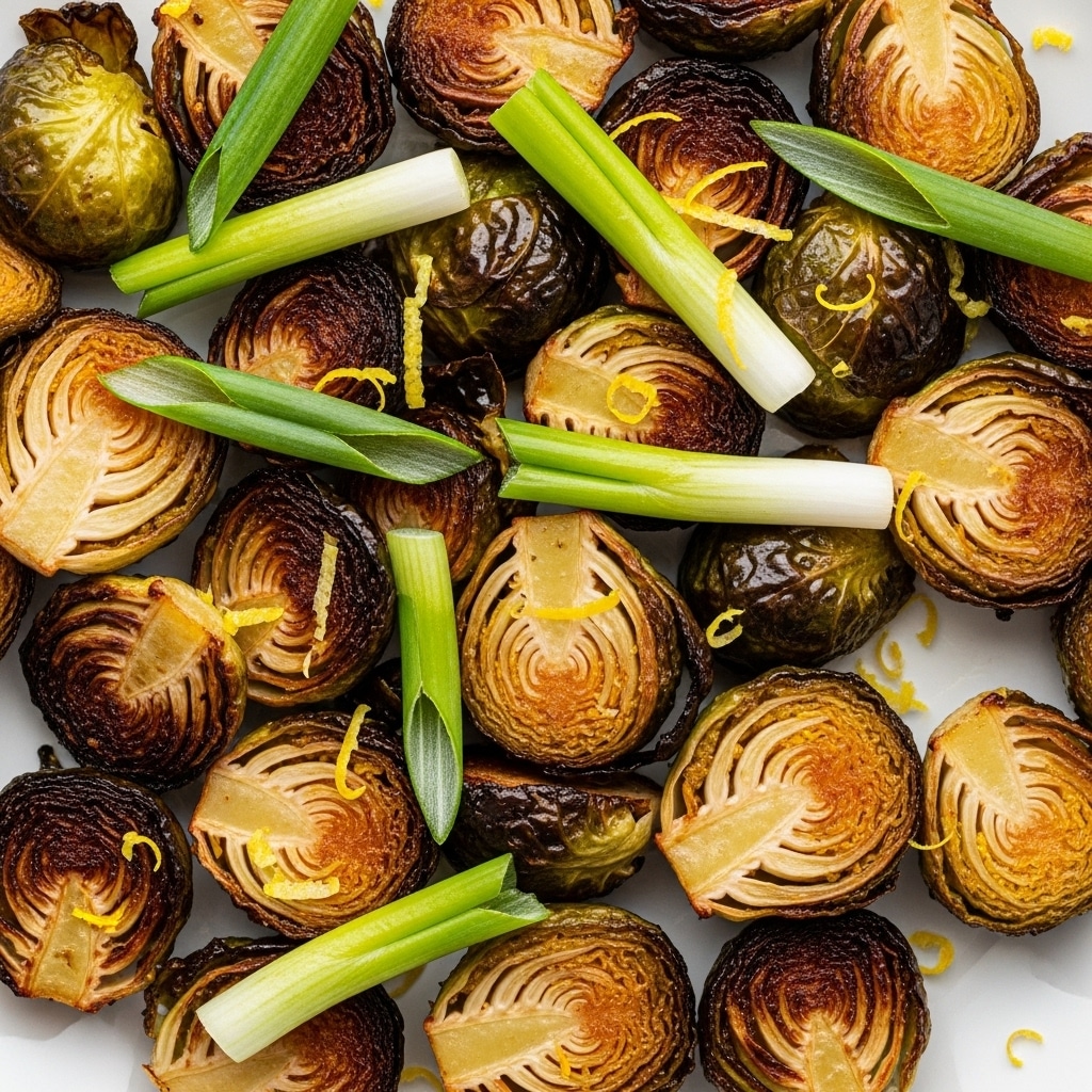 A close-up of roasted Brussels sprouts on a white plate, showing many halved sprouts with a mix of golden brown caramelized surfaces and dark, crispy charred edges, scattered irregularly. Bright green sliced scallions lay on top, adding freshness, along with fine yellow lemon zest sprinkled around. The texture is a combination of crispy, slightly oily roasted leaves and tender inner parts of the sprouts. Photo taken with an iphone --ar 4:5 --v 7