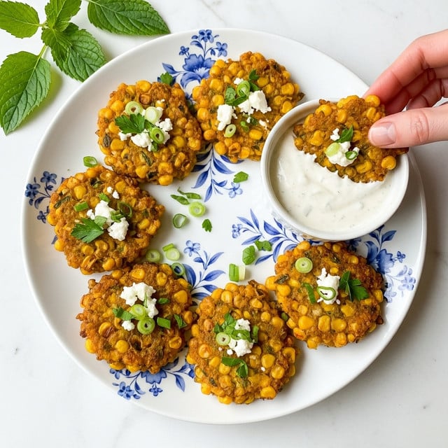 A white plate with a blue floral pattern holds six golden-brown corn fritters arranged in a circle. Each fritter is textured with visible whole corn kernels and small green onion pieces, topped with chopped parsley and scattered chopped green onions for garnish. To the right side of the plate, a small white bowl contains a creamy white dipping sauce, with one fritter being dipped into the sauce by a woman's hand. The whole scene is set on a white marbled surface with some leafy green herbs placed in the background. photo taken with an iphone --ar 4:5 --v 7