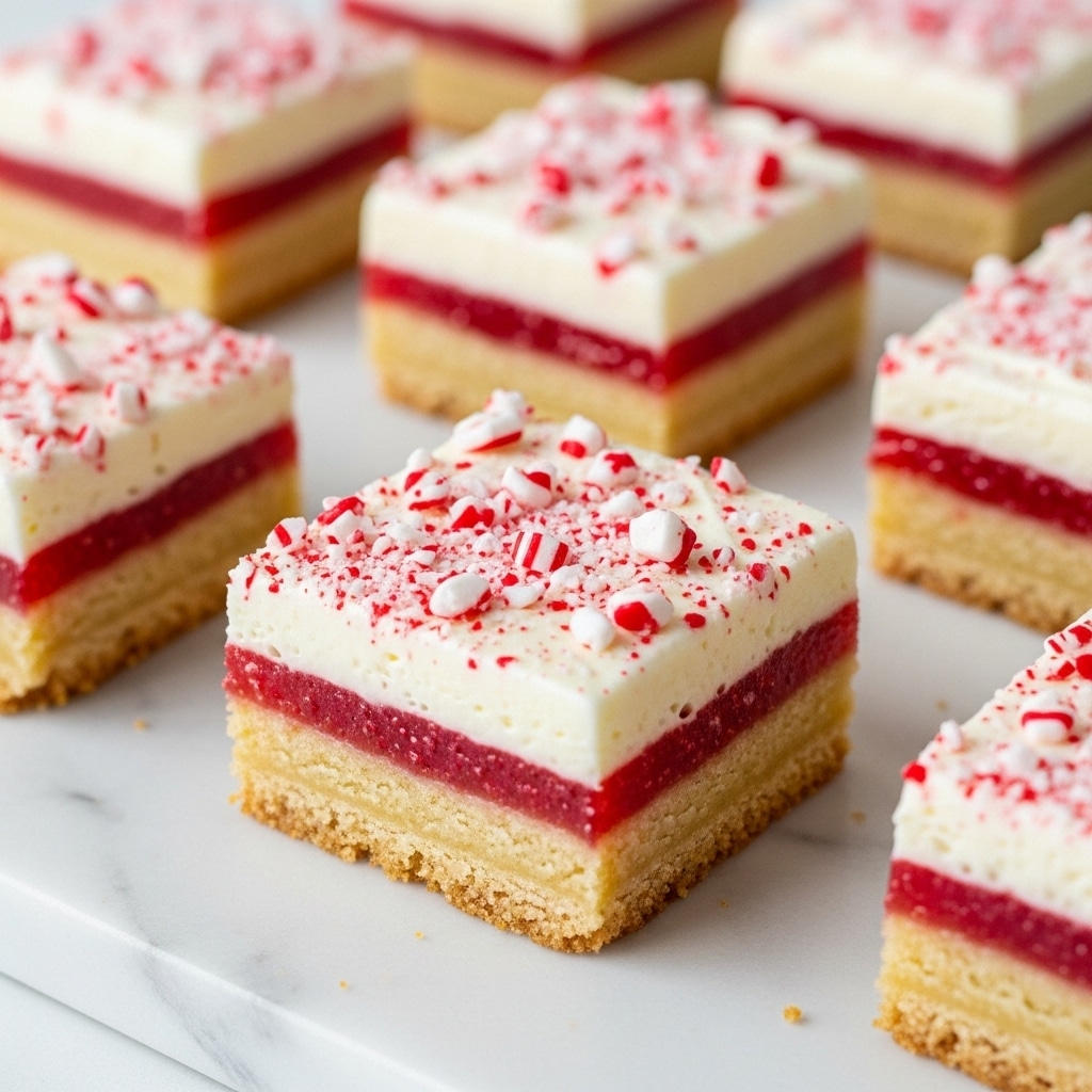 The image shows square peppermint dessert bars arranged on a white marbled surface. Each bar has three visible layers: the bottom layer is a light golden brown crust, the middle layer is a thin red peppermint filling, and the top layer is a thick white creamy frosting sprinkled with crushed red and white peppermint candy bits. The texture of the frosting looks smooth and soft, with the crushed candy adding a rough, speckled look. Photo taken with an iphone --ar 4:5 --v 7