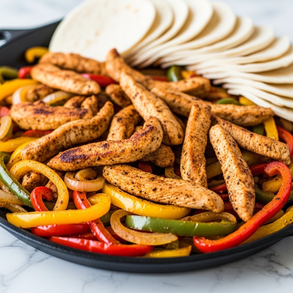Three soft white tortillas folded in half are arranged in a row on a white plate, each filled with layers of grilled chicken pieces that are browned and slightly charred, grilled bell peppers in green, red, and yellow colors, and cooked onions that have a caramelized look. The tacos show a mix of bright and earthy tones with the colorful vegetables sitting on top of the juicy chicken, creating a warm and inviting visual. The plate is on a white marbled surface with a slightly blurred background. photo taken with an iphone --ar 4:5 --v 7