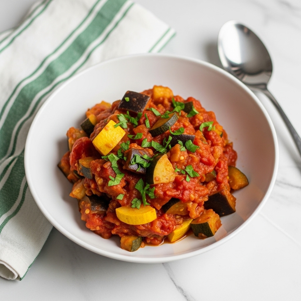 A white bowl filled with a chunky vegetable stew with a rich red tomato base sitting on a white marbled surface. The stew contains visible layers of diced yellow and green zucchini, small pieces of purple eggplant, and red tomato bits, all mixed in a thick orange-red sauce. The dish is topped with scattered fresh, bright green chopped herbs. To the side, a silver spoon rests partly on a folded green and white striped cloth napkin. The whole scene is softly lit, making the colors of the stew look fresh and vibrant photo taken with an iphone --ar 4:5 --v 7