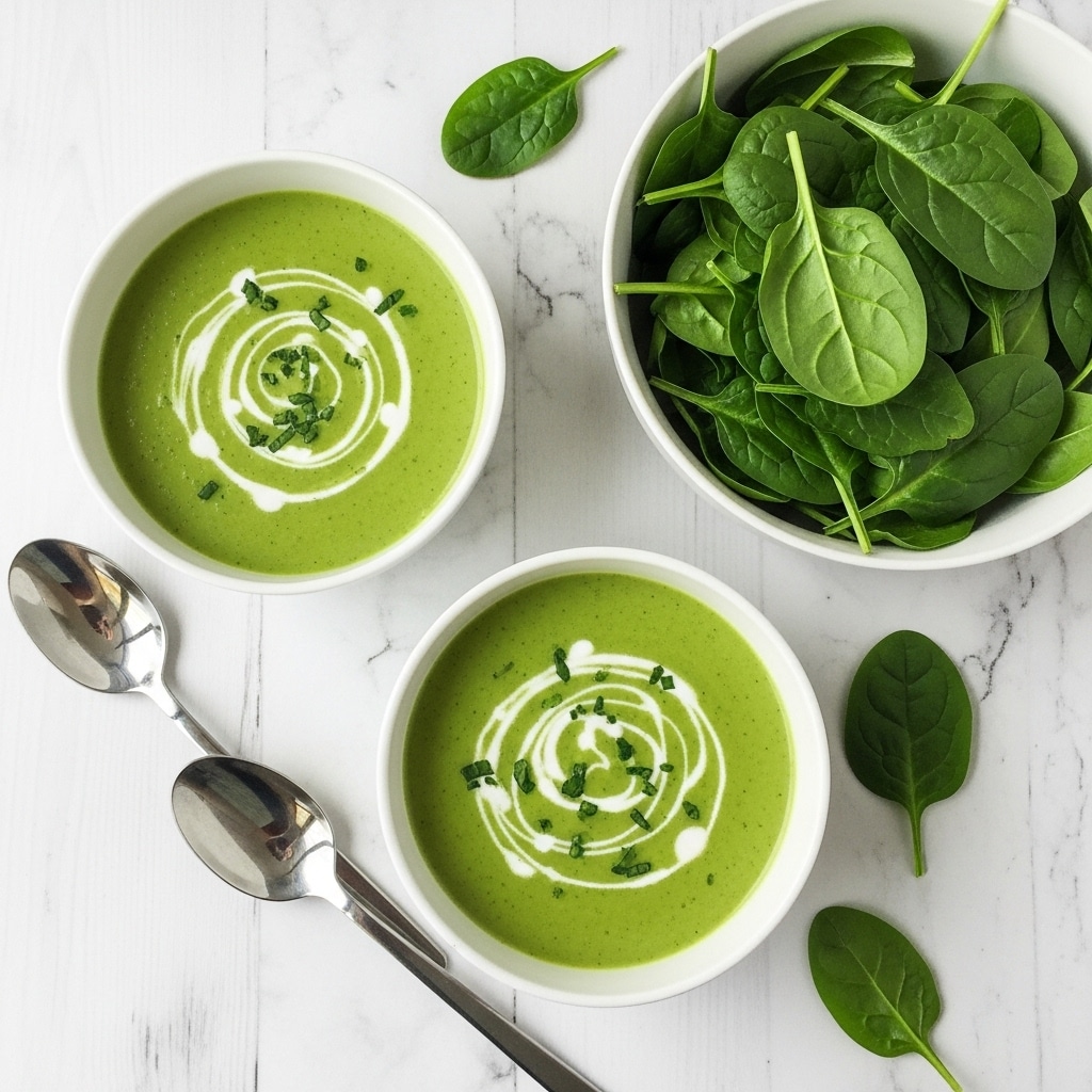 Two white bowls filled with creamy green spinach soup, each topped with a swirl of light cream and sprinkled with small bright green parsley leaves. The soup has a smooth texture with tiny bits of herbs visible throughout. One bowl shows a closer view, emphasizing the foam and parsley on top, while the other is slightly out of focus in the upper left corner. Fresh spinach leaves are scattered around and in a white bowl in the lower left part of the image. All sits on a white marbled surface resembling wood grain. Photo taken with an iphone --ar 4:5 --v 7
