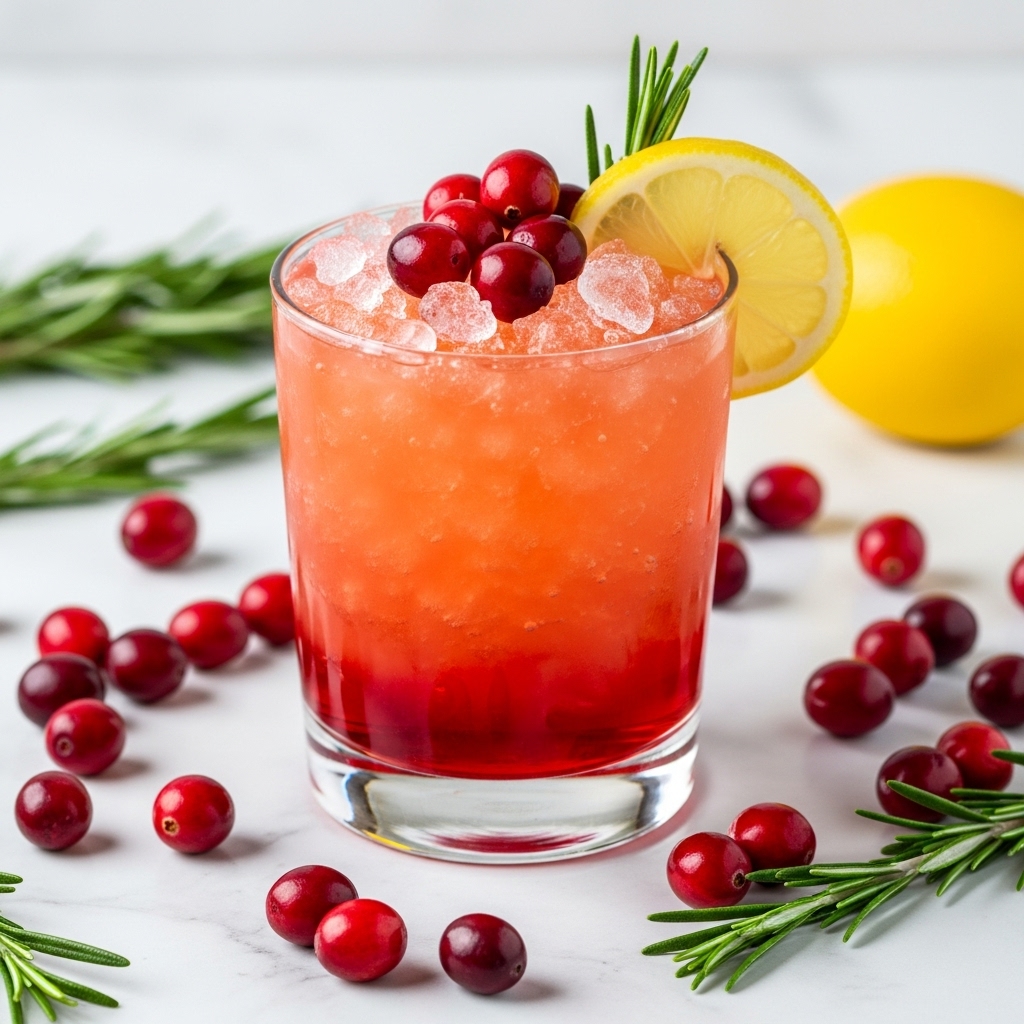 A clear glass filled with a layered drink showing a deep red layer at the bottom, blending into a bright orange layer above, with ice cubes filling the top half. The drink is garnished with a lemon slice, a small sprig of green rosemary, and several small red cranberries on top. Around the glass, there are scattered red cranberries and sprigs of green rosemary on a white marbled surface with a whole orange in the background. The scene is bright and fresh. photo taken with an iphone --ar 4:5 --v 7